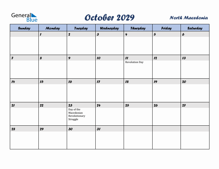 October 2029 Calendar with Holidays in North Macedonia