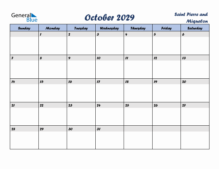October 2029 Calendar with Holidays in Saint Pierre and Miquelon