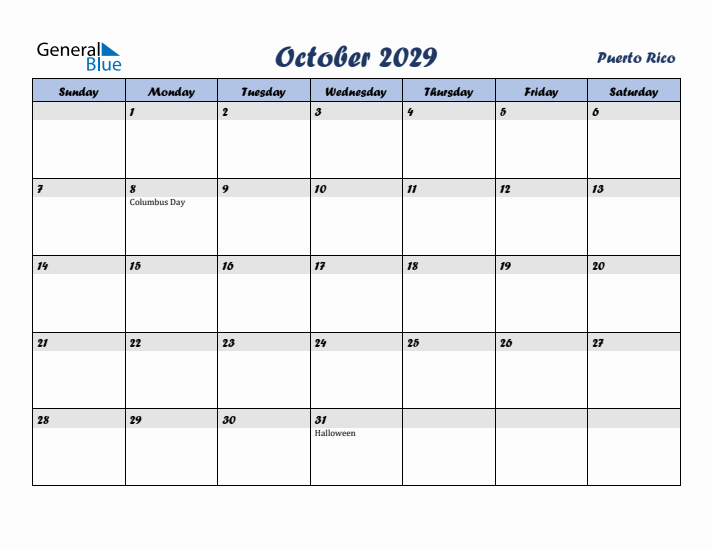 October 2029 Calendar with Holidays in Puerto Rico