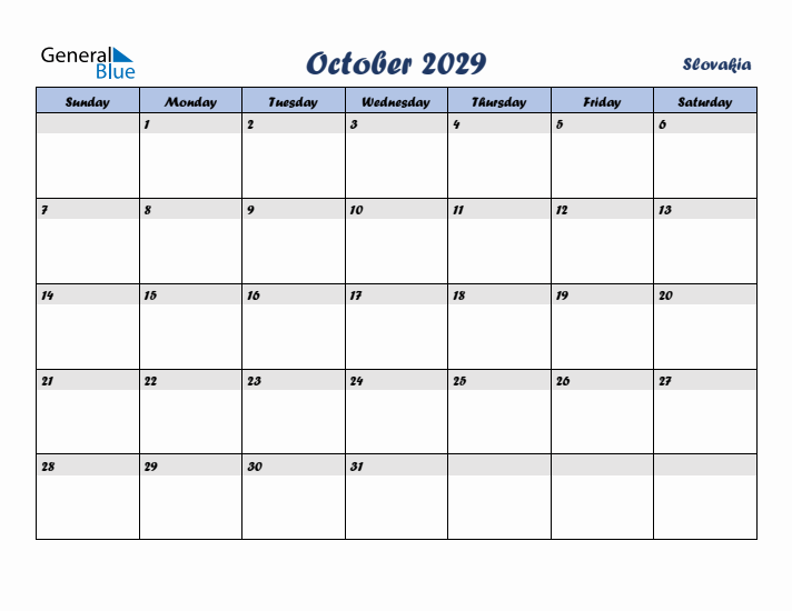 October 2029 Calendar with Holidays in Slovakia