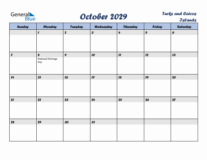 October 2029 Calendar with Holidays in Turks and Caicos Islands