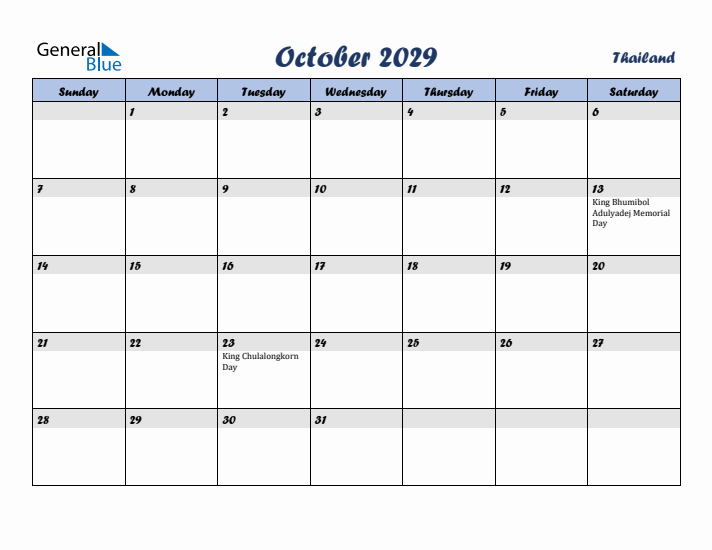 October 2029 Calendar with Holidays in Thailand