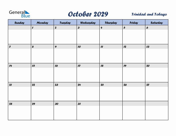 October 2029 Calendar with Holidays in Trinidad and Tobago