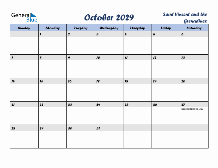 October 2029 Calendar with Holidays in Saint Vincent and the Grenadines