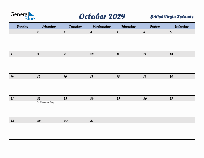 October 2029 Calendar with Holidays in British Virgin Islands