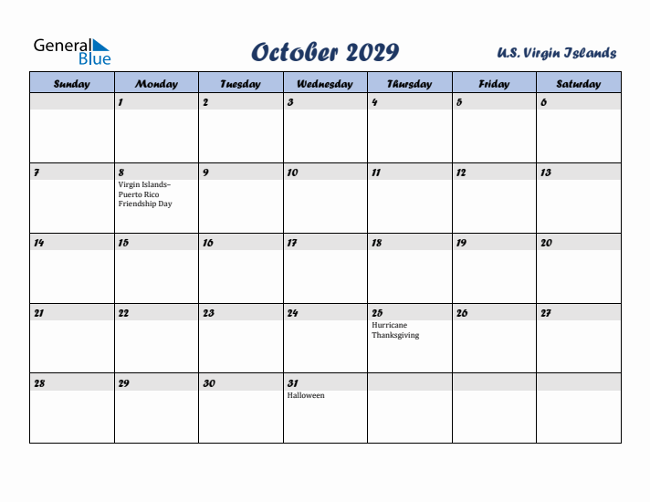 October 2029 Calendar with Holidays in U.S. Virgin Islands