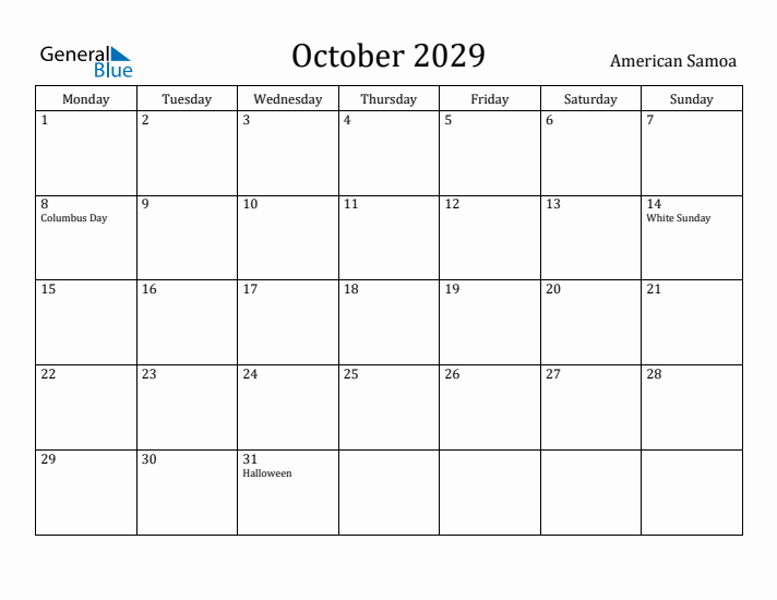 October 2029 Calendar American Samoa