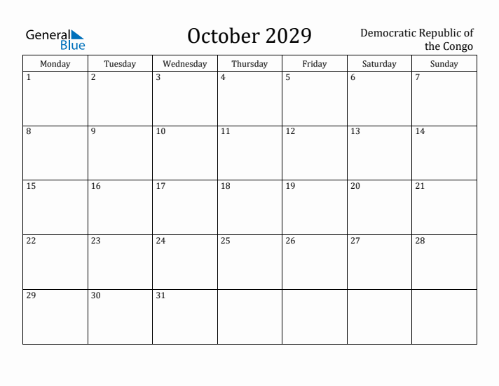 October 2029 Calendar Democratic Republic of the Congo