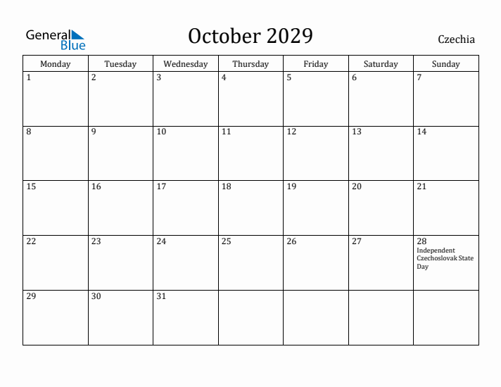 October 2029 Calendar Czechia