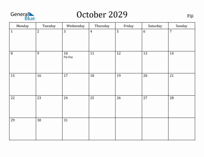 October 2029 Calendar Fiji