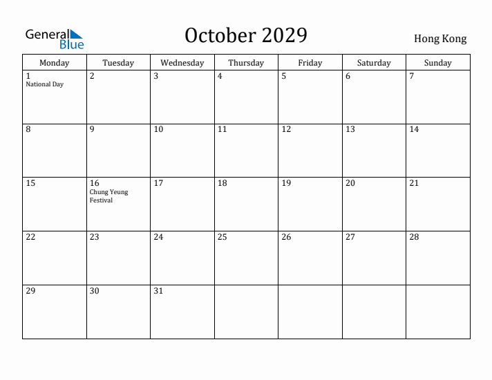 October 2029 Calendar Hong Kong