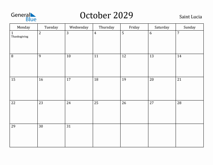 October 2029 Calendar Saint Lucia