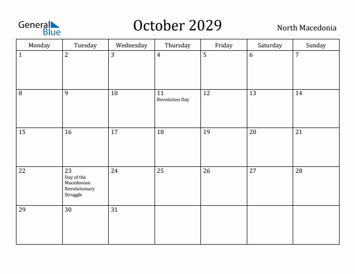 October 2029 Calendar North Macedonia