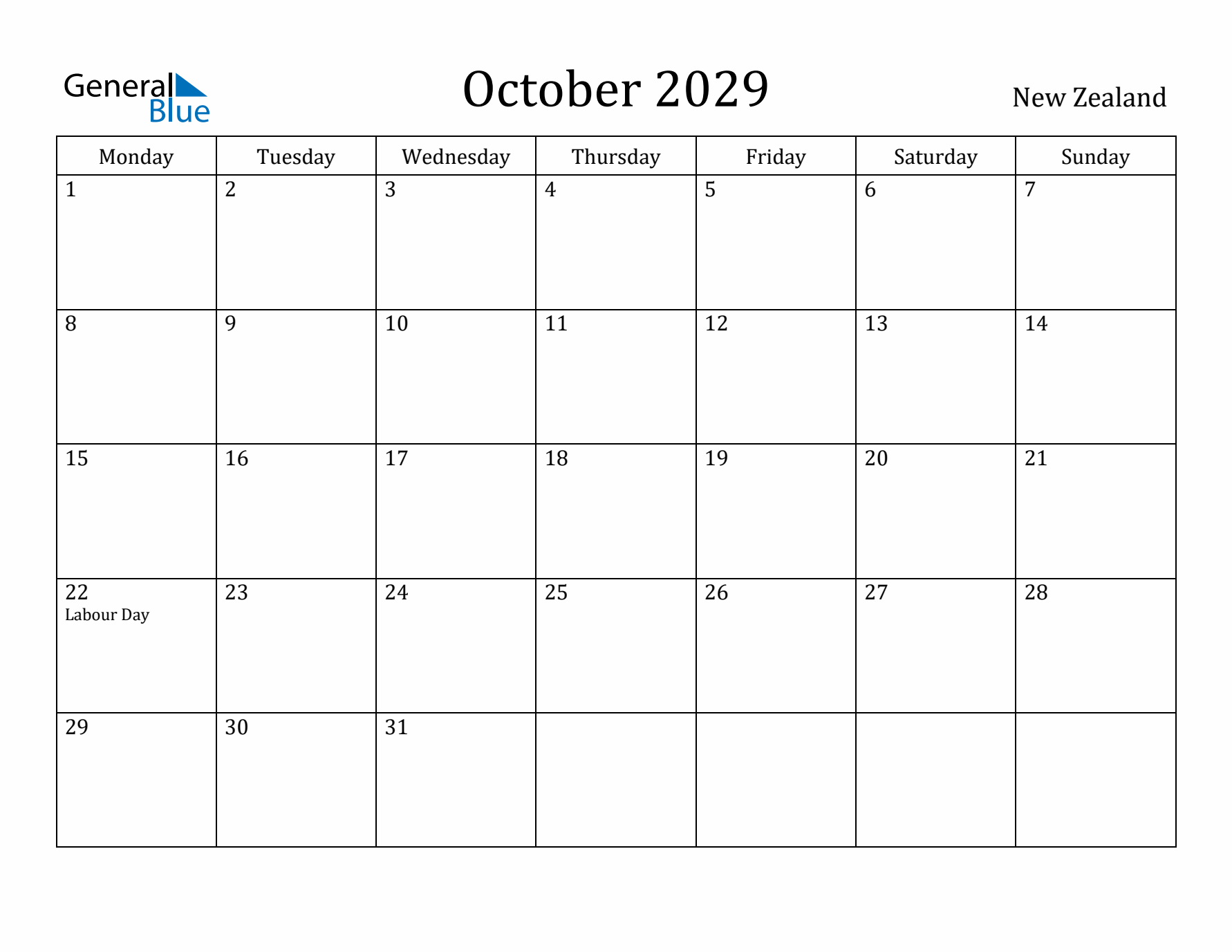 October 2029 Calendar New Zealand
