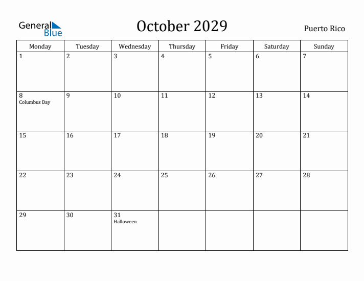 October 2029 Calendar Puerto Rico