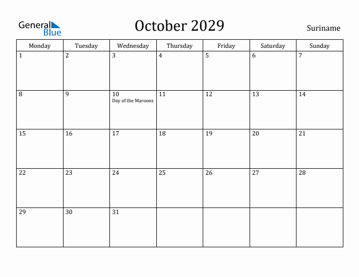 October 2029 Calendar Suriname