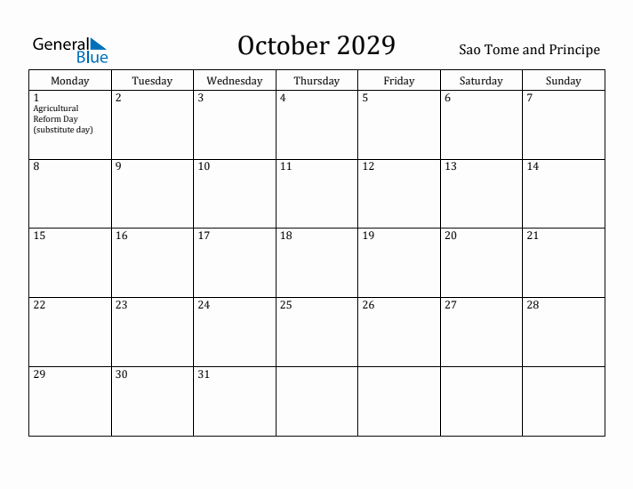October 2029 Calendar Sao Tome and Principe