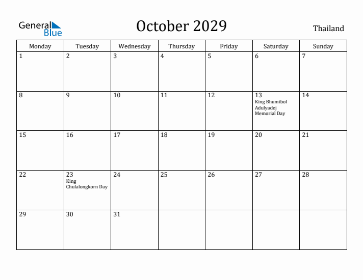 October 2029 Calendar Thailand