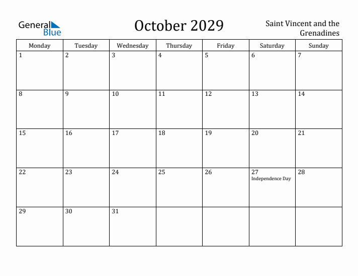October 2029 Calendar Saint Vincent and the Grenadines
