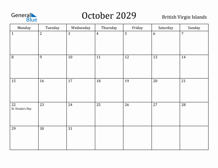 October 2029 Calendar British Virgin Islands