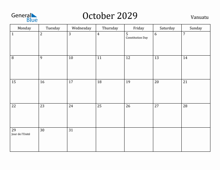 October 2029 Calendar Vanuatu