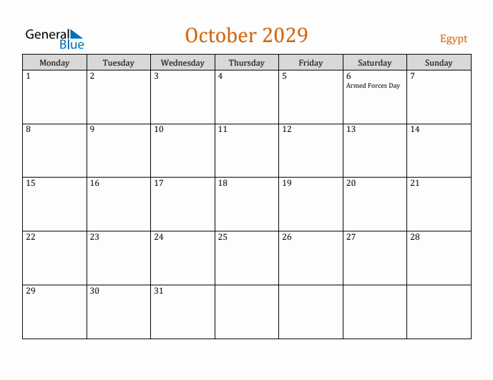 October 2029 Holiday Calendar with Monday Start