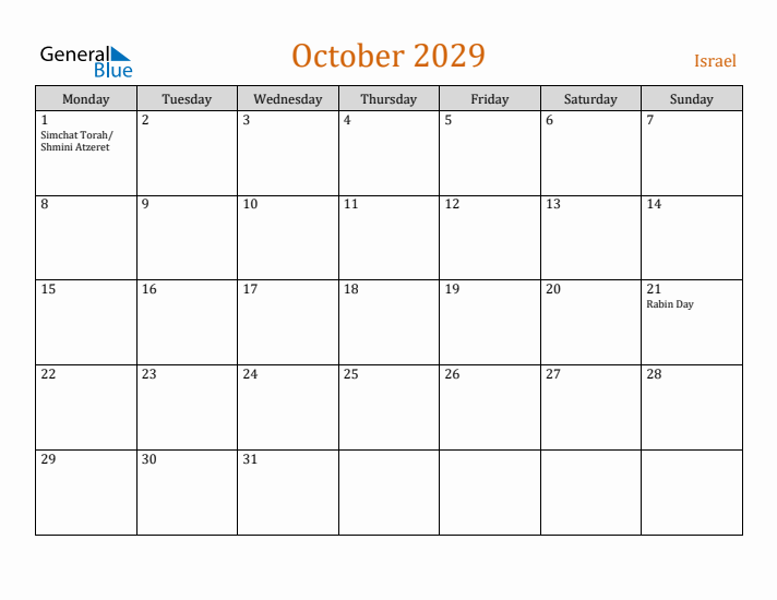 October 2029 Holiday Calendar with Monday Start