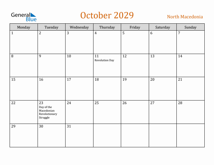 October 2029 Holiday Calendar with Monday Start