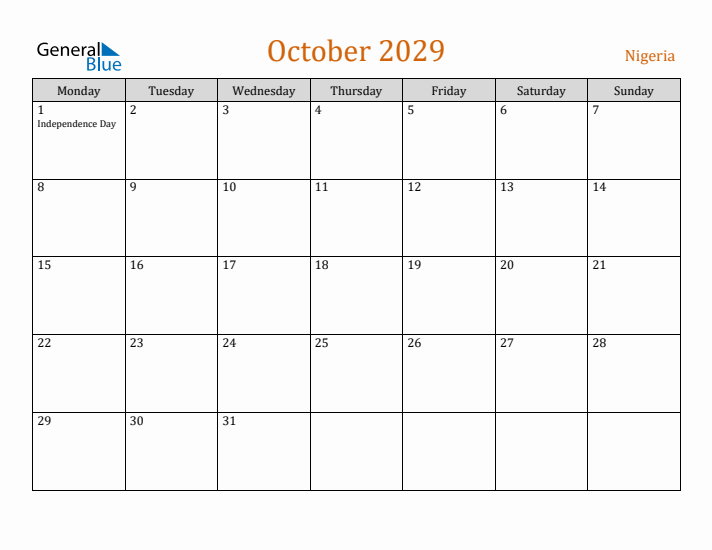 October 2029 Holiday Calendar with Monday Start