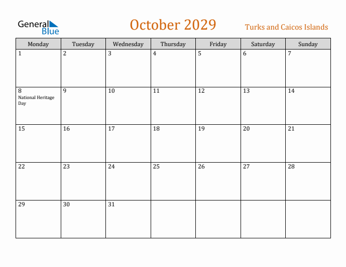October 2029 Holiday Calendar with Monday Start