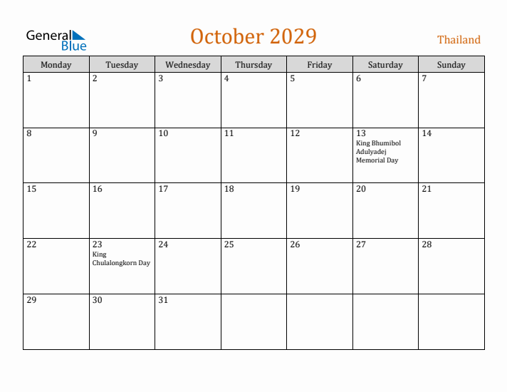 October 2029 Holiday Calendar with Monday Start