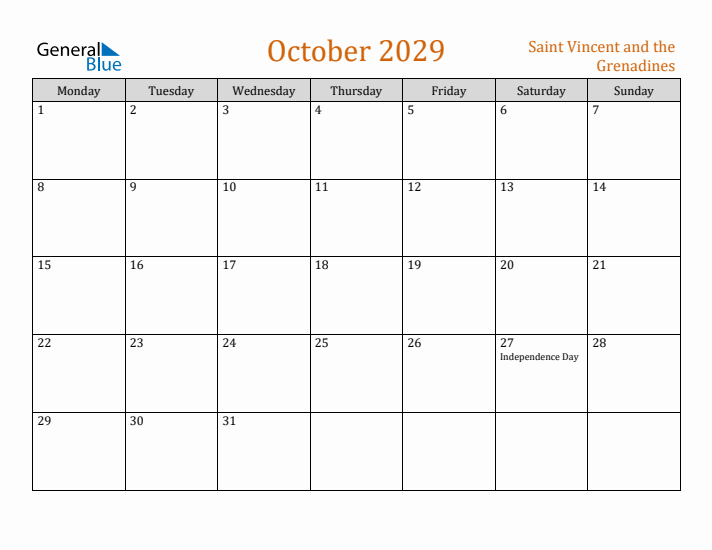 October 2029 Holiday Calendar with Monday Start