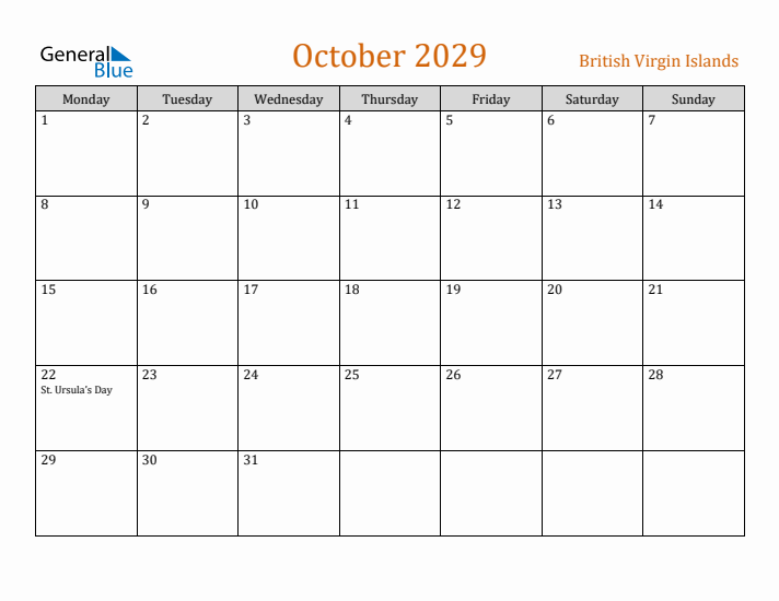 October 2029 Holiday Calendar with Monday Start