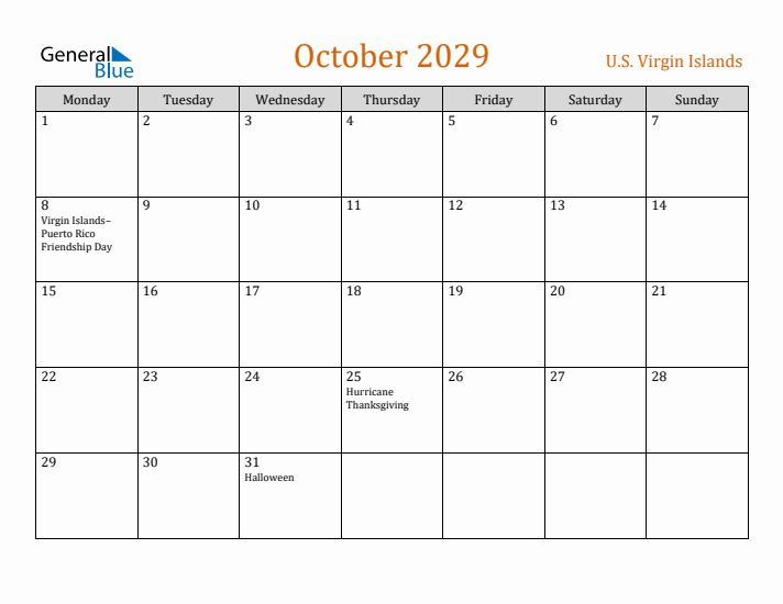 October 2029 Holiday Calendar with Monday Start