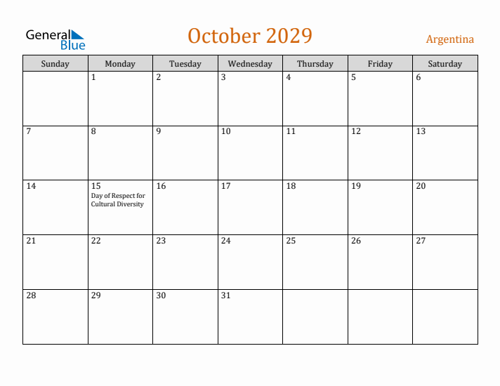 October 2029 Holiday Calendar with Sunday Start