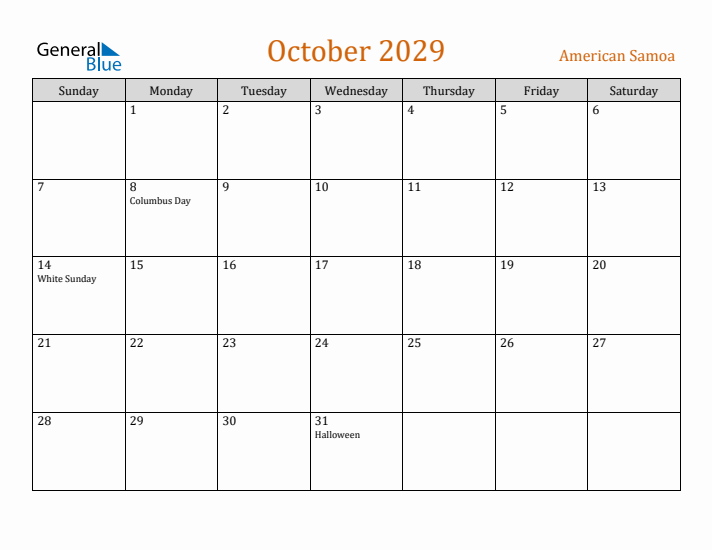 October 2029 Holiday Calendar with Sunday Start