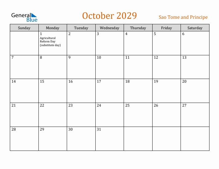 October 2029 Holiday Calendar with Sunday Start