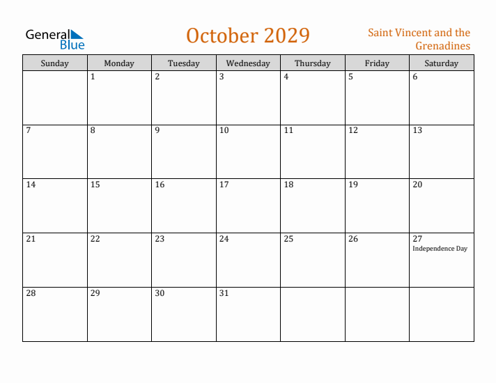 October 2029 Holiday Calendar with Sunday Start