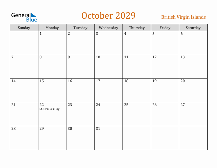 October 2029 Holiday Calendar with Sunday Start