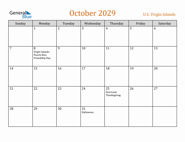 October 2029 Holiday Calendar with Sunday Start