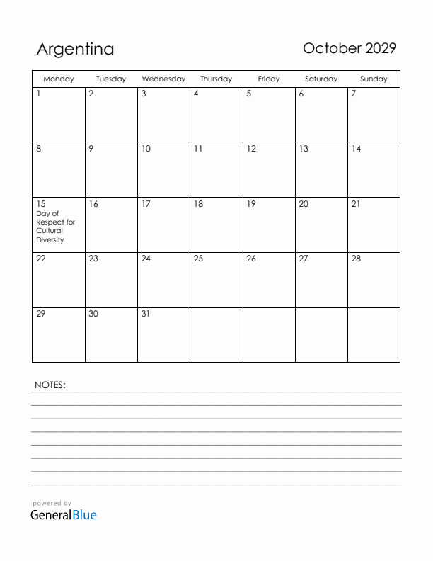 October 2029 Argentina Calendar with Holidays (Monday Start)