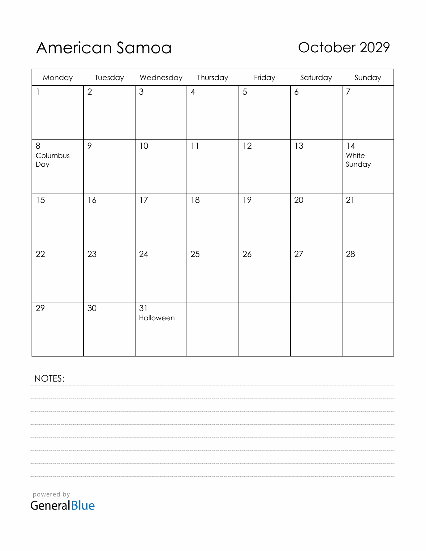 October 2029 American Samoa Calendar with Holidays (Monday Start)