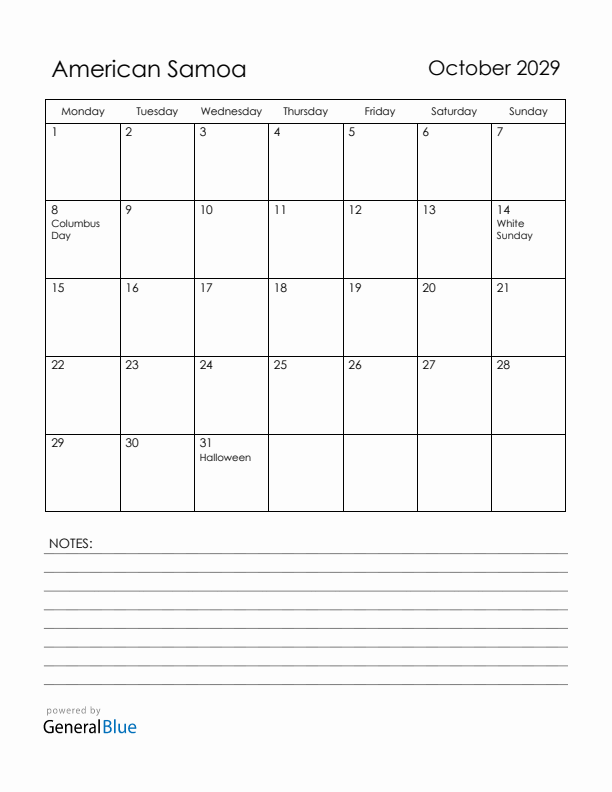 October 2029 American Samoa Calendar with Holidays (Monday Start)