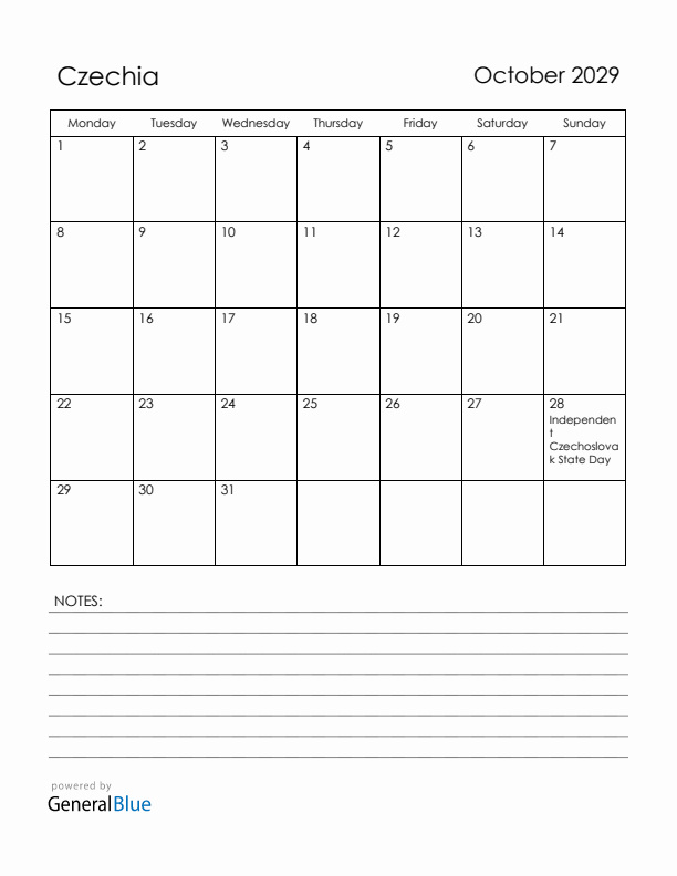 October 2029 Czechia Calendar with Holidays (Monday Start)