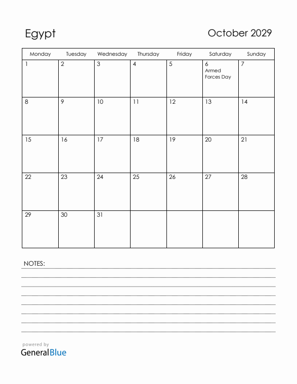 October 2029 Egypt Calendar with Holidays (Monday Start)