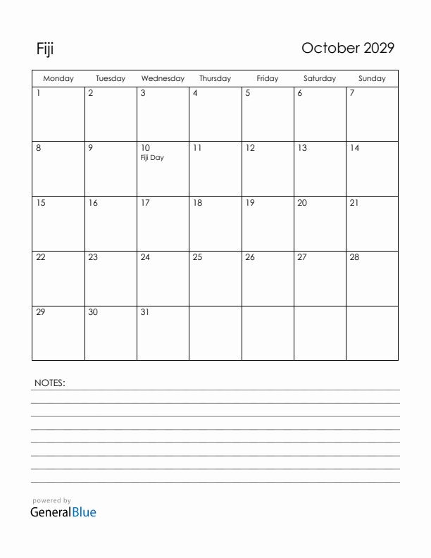 October 2029 Fiji Calendar with Holidays (Monday Start)