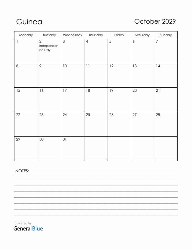 October 2029 Guinea Calendar with Holidays (Monday Start)
