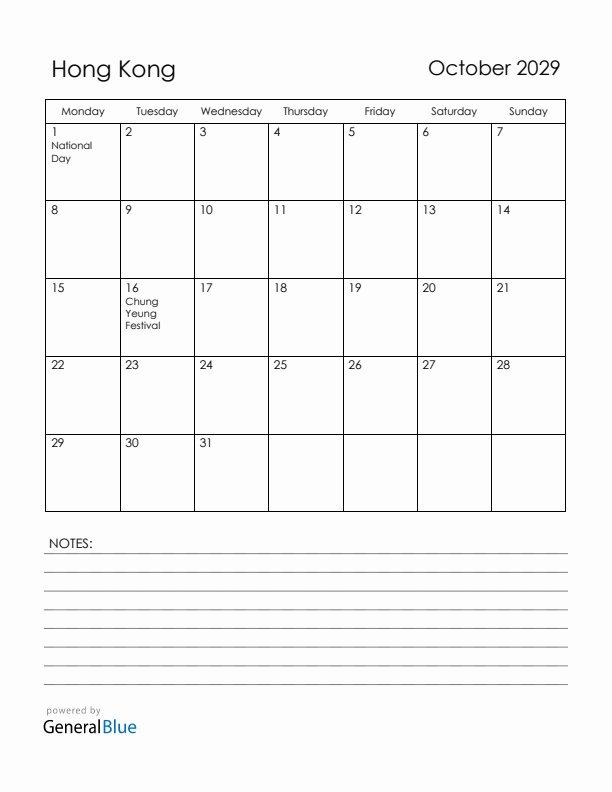 October 2029 Hong Kong Calendar with Holidays (Monday Start)