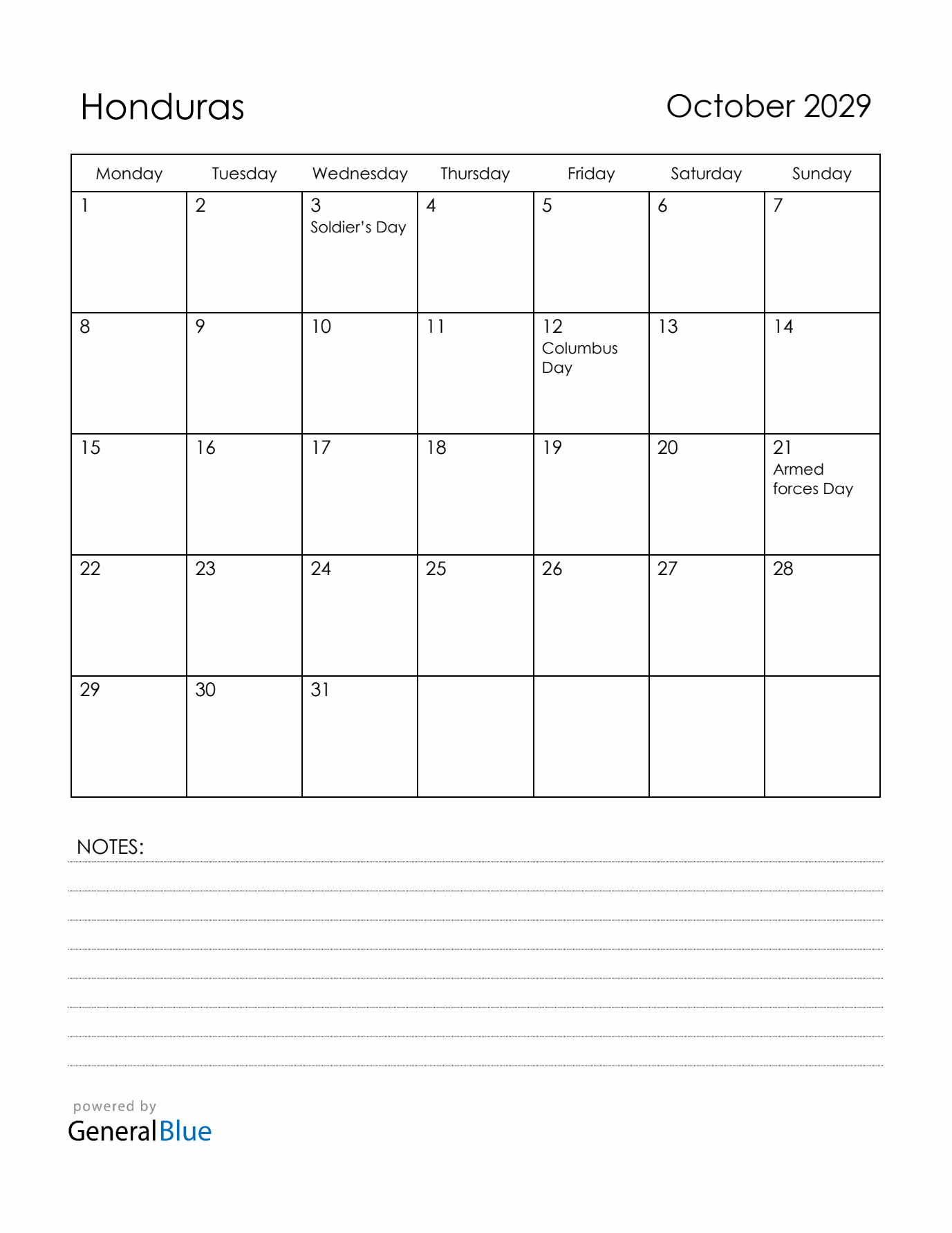 October 2029 Honduras Calendar with Holidays (Monday Start)