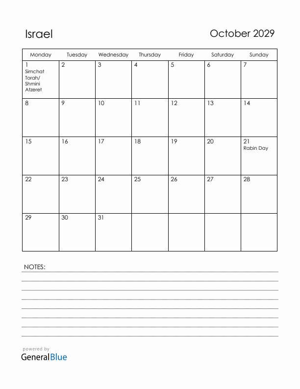 October 2029 Israel Calendar with Holidays (Monday Start)